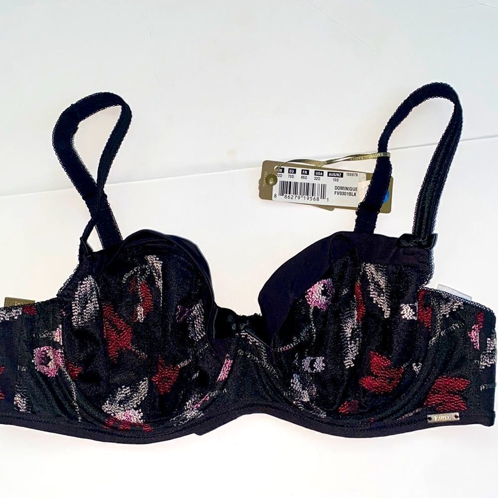 Fauve NWT Dominique Embroidered Balconette Bra Black Whimsygoth Size 32D